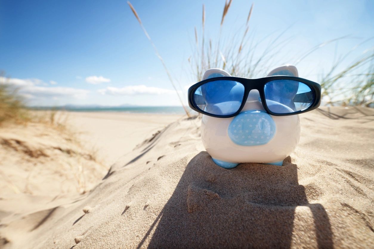 Pig bank in the sand on a sunny day